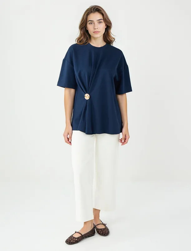 Women Dark Blue Relaxed Fit Crew-Neck Shirred Knitted T-Shirt