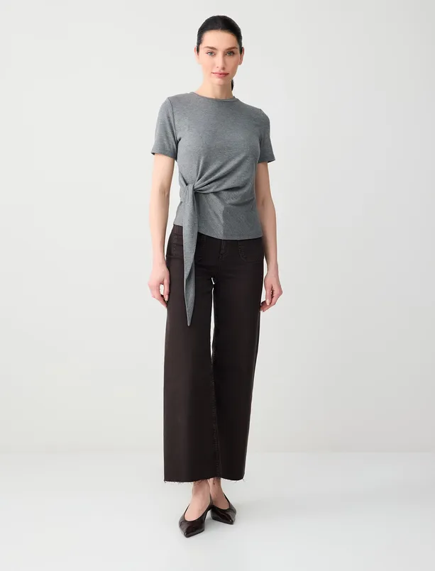 Bayan Antrasit Büzgü Detaylı Bisiklet Yaka Örme Tişört