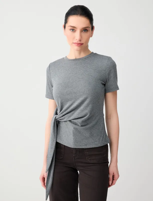 Bayan Antrasit Büzgü Detaylı Bisiklet Yaka Örme Tişört