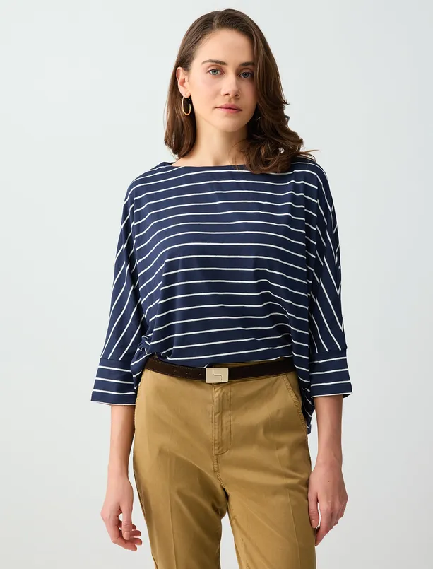 Bayan  Rahat Kesim Truvakar Kol Kayık Yaka Çizgili Tişört