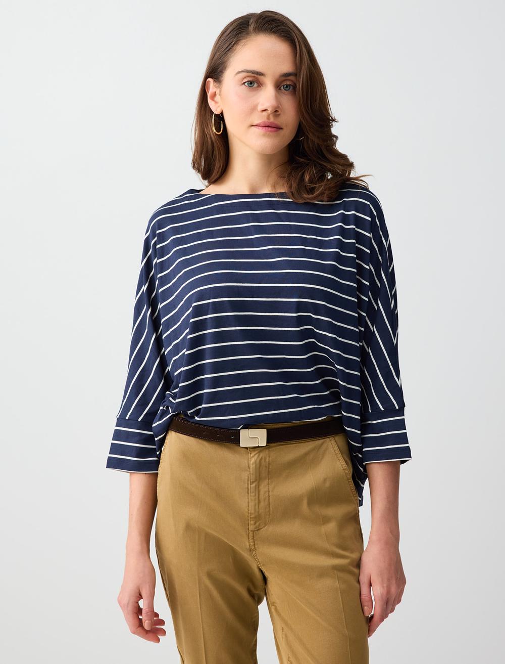 Rahat Kesim Truvakar Kol Kayık Yaka Çizgili Tişört