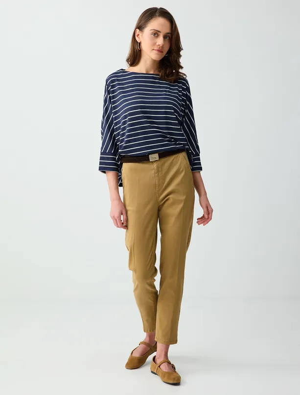 Bayan Lacivert Rahat Kesim Truvakar Kol Kayık Yaka Çizgili Tişört