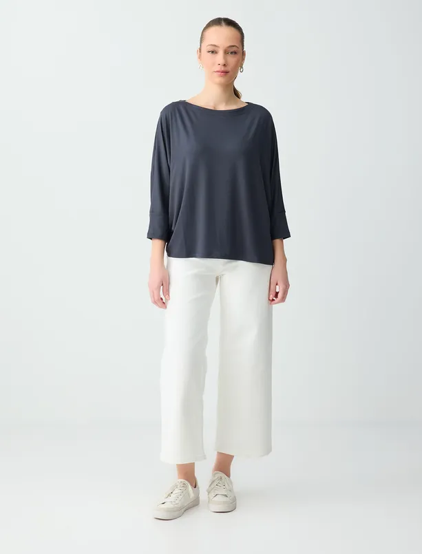 Bayan Antrasit Kayık Yaka Truvakar Kol Rahat Kesim Örme Tişört