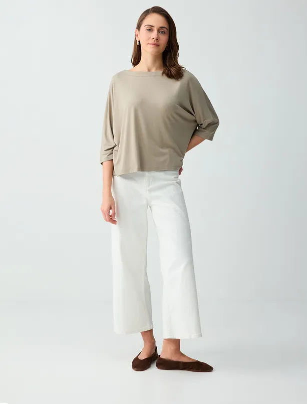 Bayan Vizon Kayık Yaka Truvakar Kol Rahat Kesim Örme Tişört