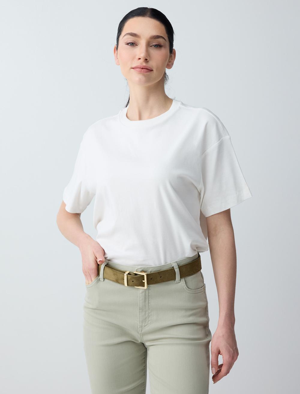 %100 Pamuk Rahat Kesim Bisiklet Yaka Örme Tişört