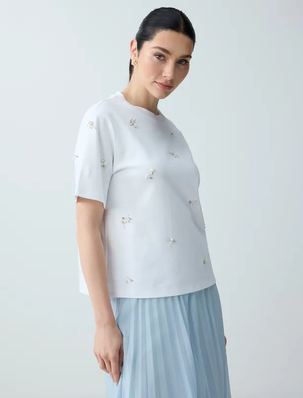 Bayan  %100 Pamuk Bisiklet Yaka Kısa Kollu İncili Örme Tişört