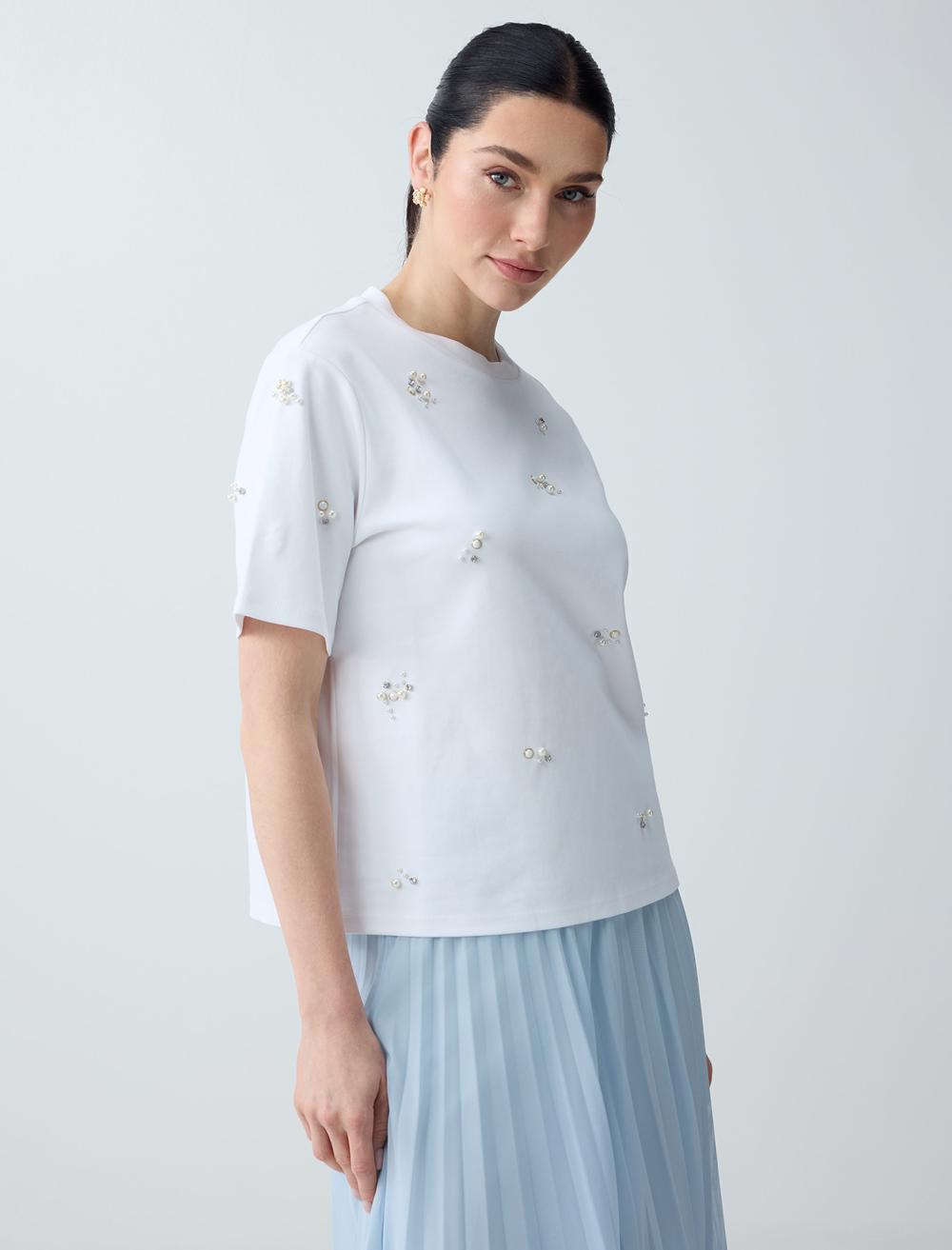 %100 Pamuk Bisiklet Yaka Kısa Kollu İncili Örme Tişört