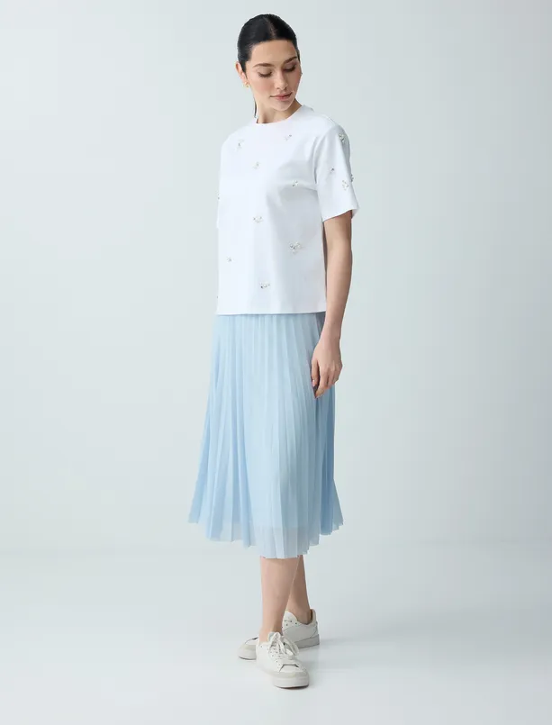 Bayan Beyaz %100 Pamuk Bisiklet Yaka Kısa Kollu İncili Örme Tişört