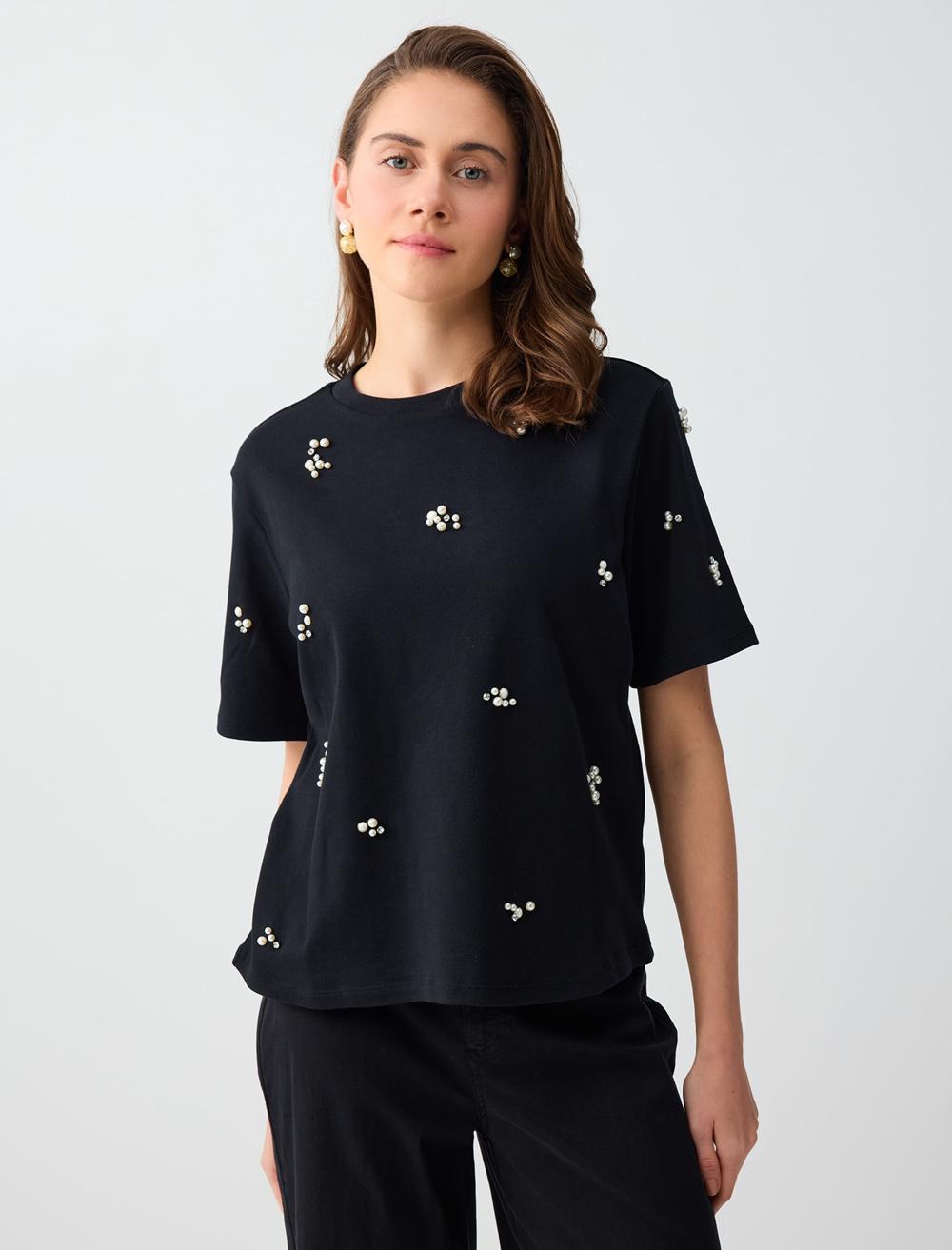 %100 Pamuk Bisiklet Yaka Kısa Kollu İncili Örme Tişört