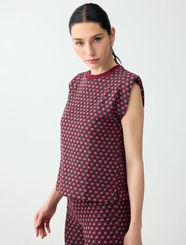 Bayan  Geometrik Desenli Bisiklet Yaka Vatkalı Örme Tişört