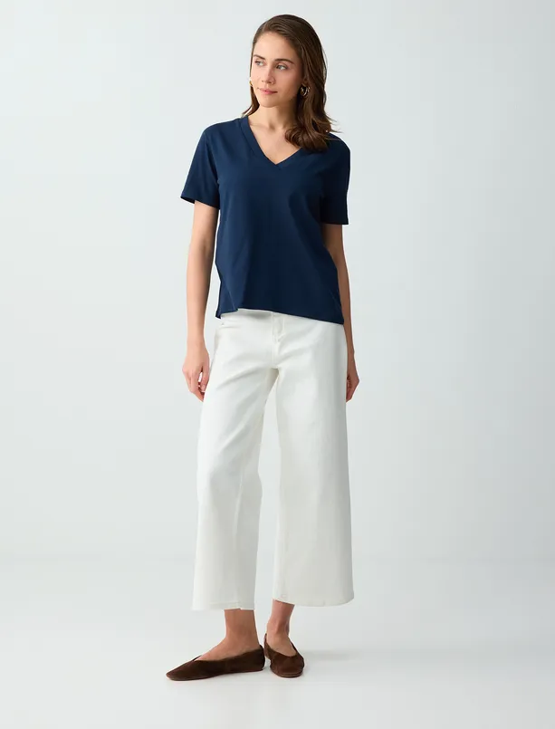 Bayan Lacivert %100 Pamuk V Yaka Kısa Kollu Basic Örme Tişört