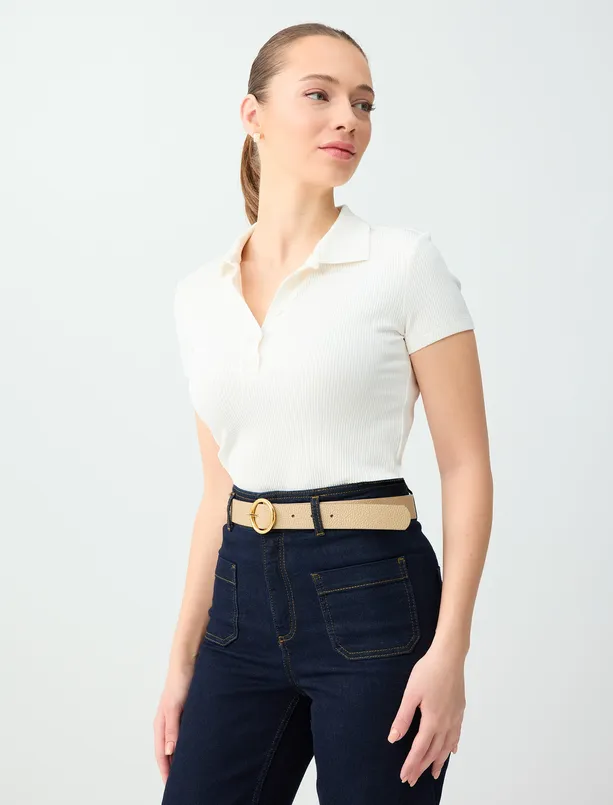 Bayan  Dar Kesim Kısa Kollu Gömlek Yaka Örme Tişört