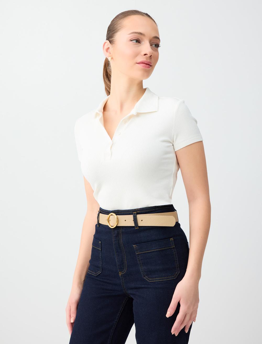 Dar Kesim Kısa Kollu Gömlek Yaka Örme Tişört