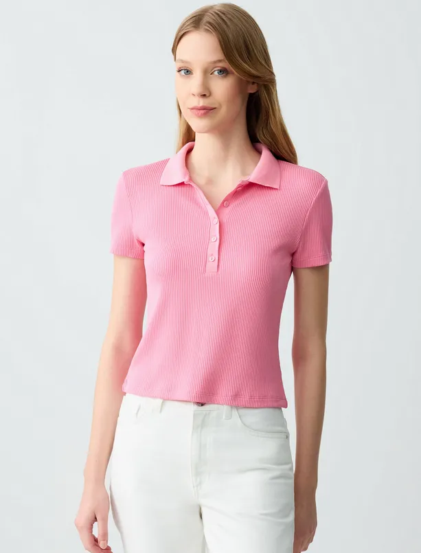 Bayan  Dar Kesim Kısa Kollu Gömlek Yaka Örme Tişört