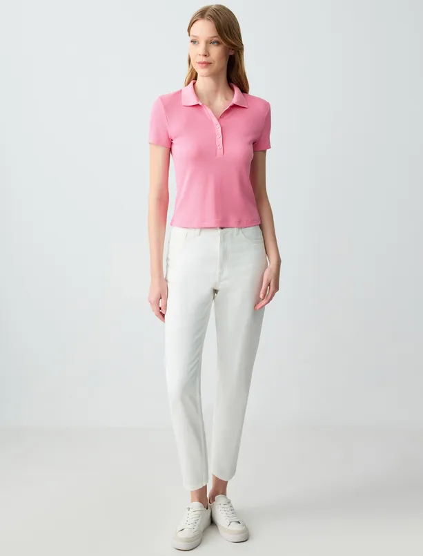 Bayan Pembe Dar Kesim Kısa Kollu Gömlek Yaka Örme Tişört