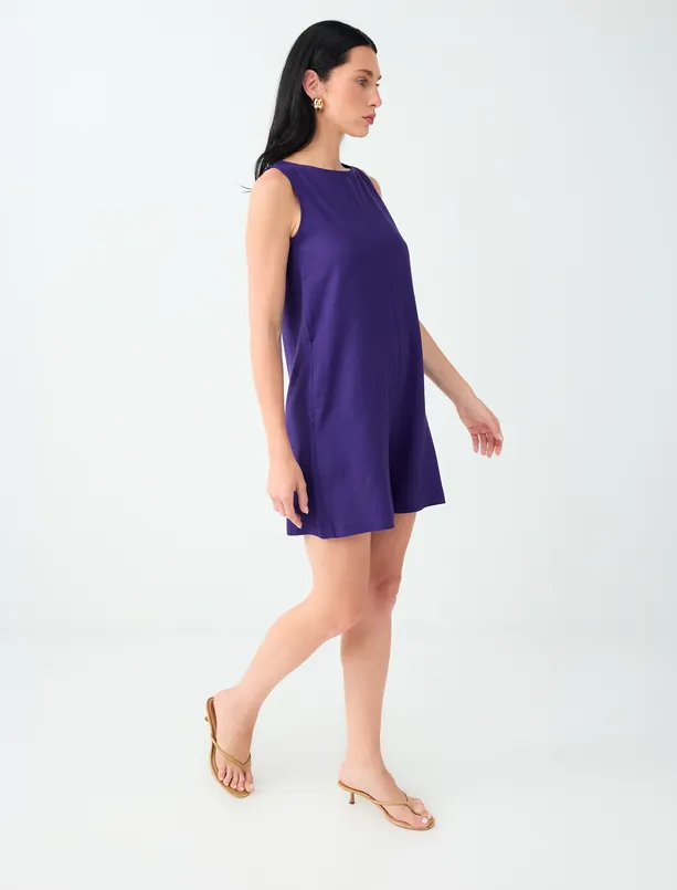 Women Purple Mini Jumpsuit with Pockets and Detailed Linen-Blend Fabric