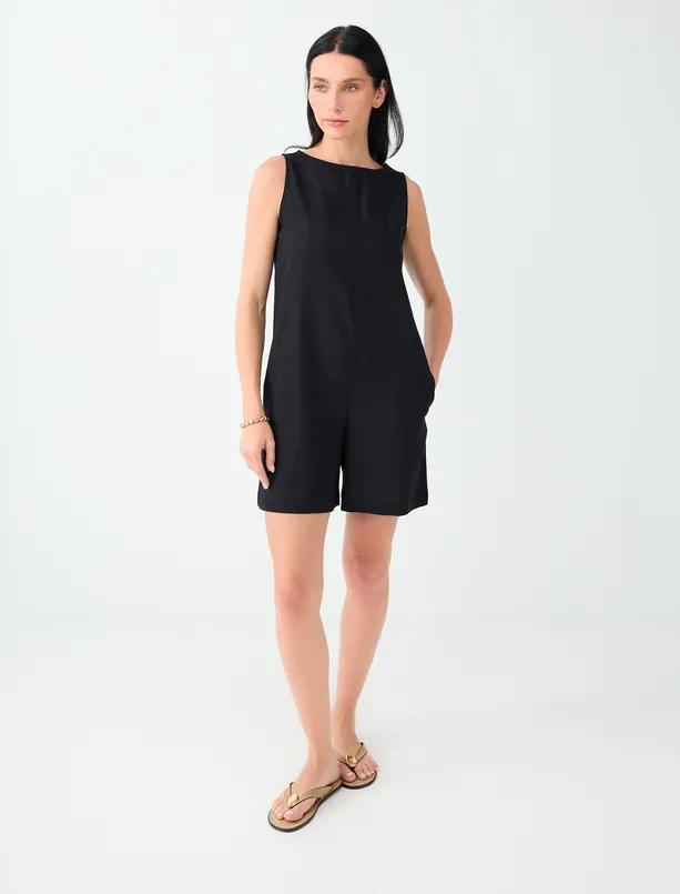 Women Black Mini Jumpsuit with Pockets and Detailed Linen-Blend Fabric