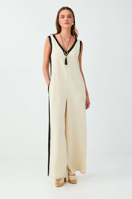 Women  Sleeveless Jumpsuit with Striped Details in a Linen-Blend Fabric