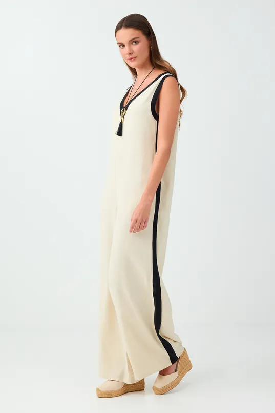 Women Beige Sleeveless Jumpsuit with Striped Details in a Linen-Blend Fabric