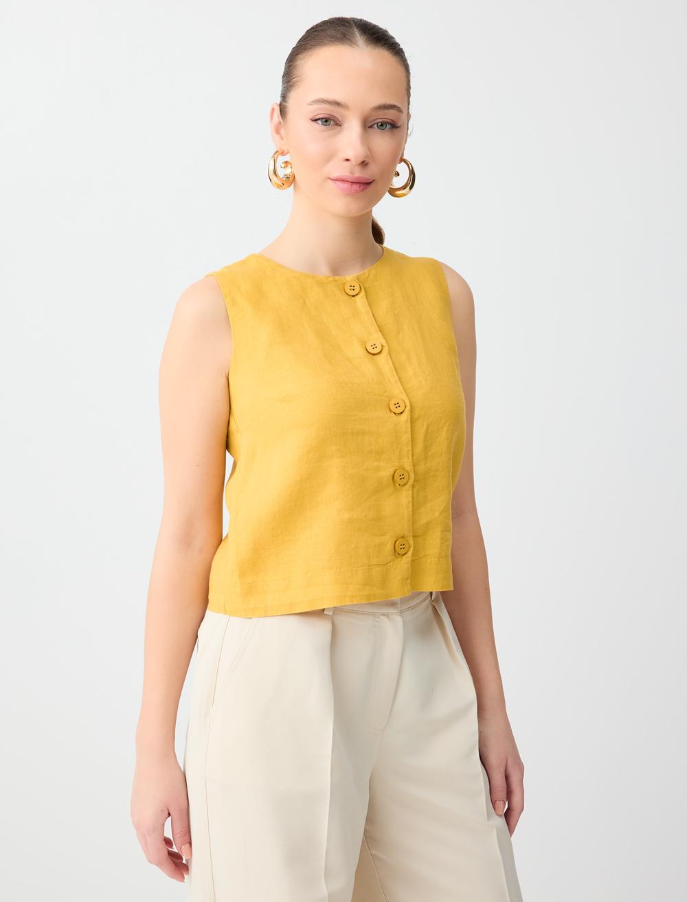 %100 Keten Dar Kesim Dokuma Yelek