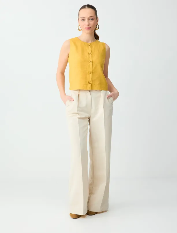 Bayan Hardal %100 Keten Dar Kesim Dokuma Yelek