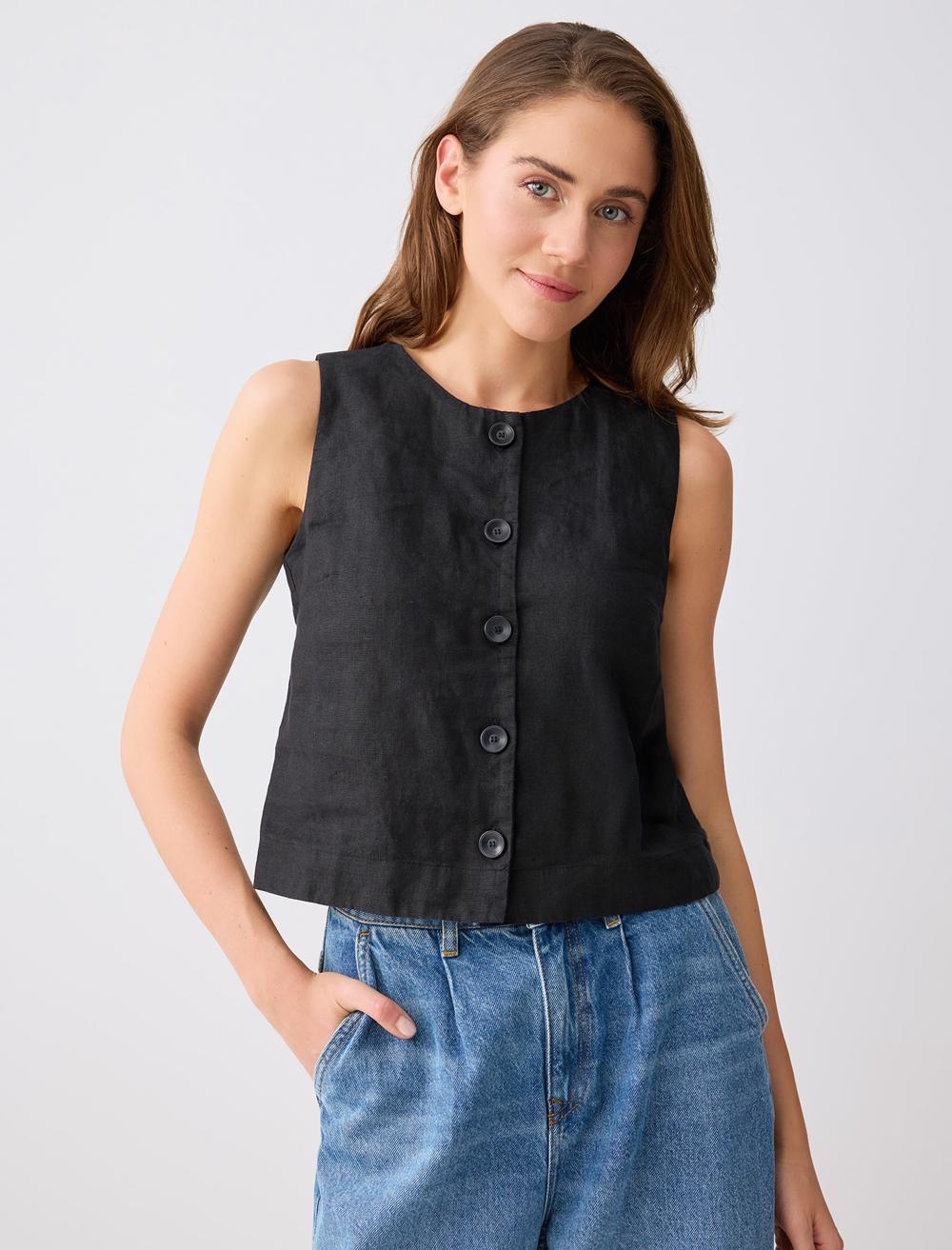 %100 Keten Dar Kesim Dokuma Yelek