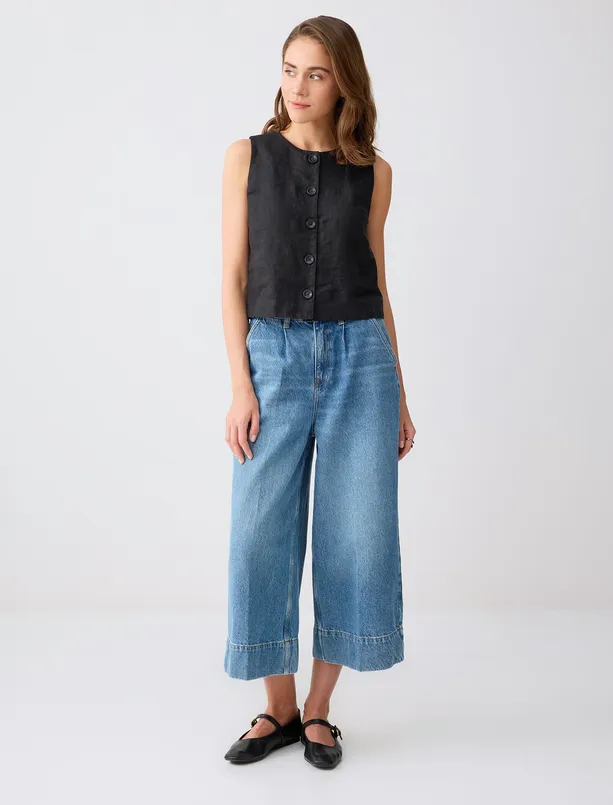 Women Black 100% Linen Slim Fit Woven Vest