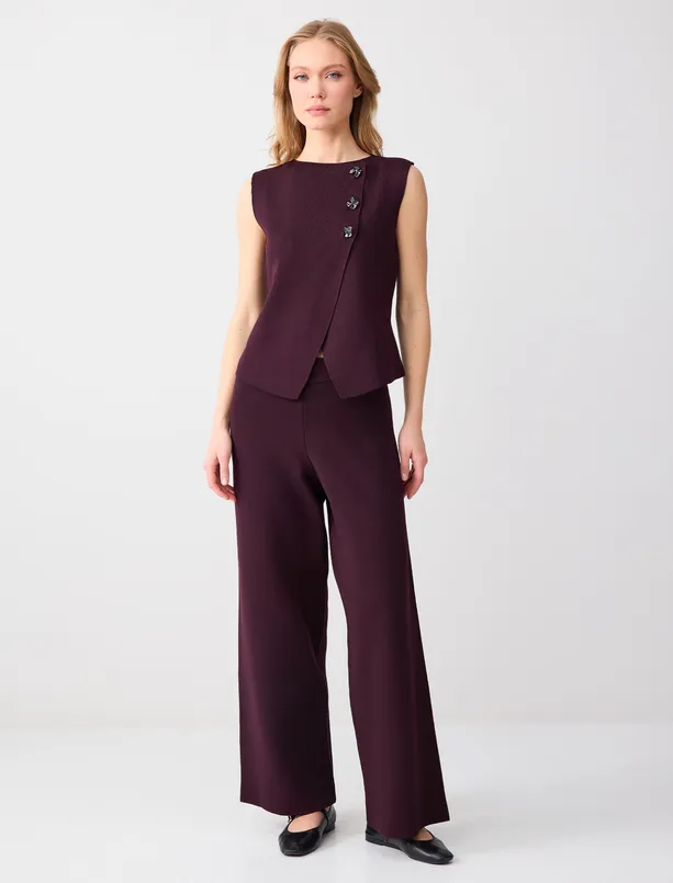 Bayan Bordo Düğme Detaylı Triko Yelek