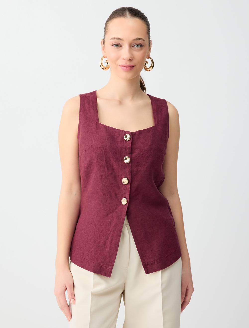 %100 Keten Parlak Düğme Detaylı Düz Kesim Yelek