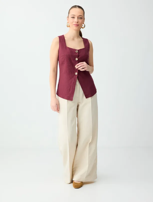 Bayan Bordo %100 Keten Parlak Düğme Detaylı Düz Kesim Yelek