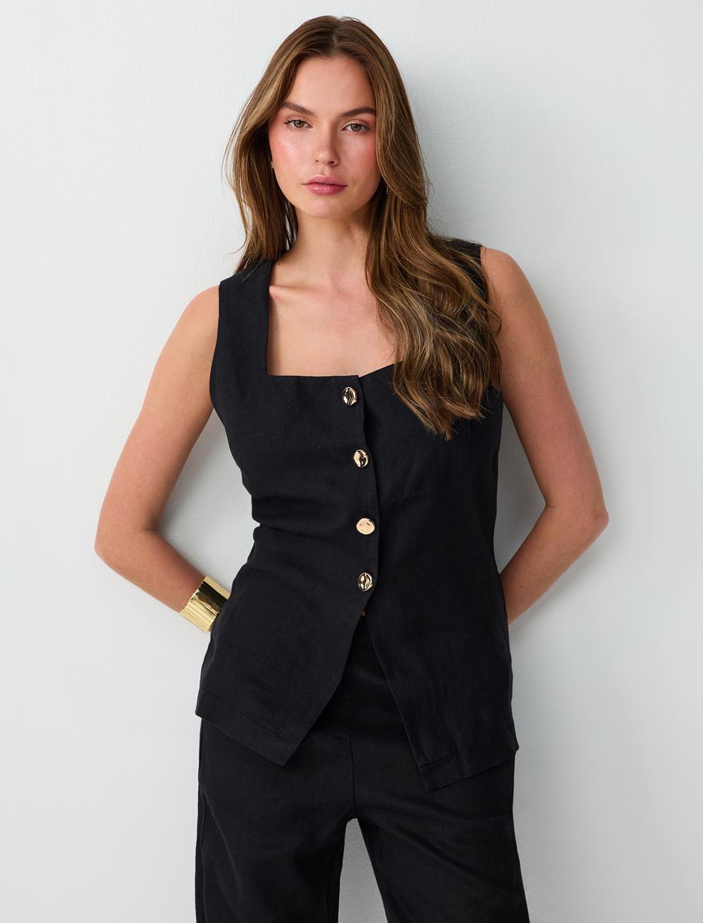 %100 Keten Parlak Düğme Detaylı Düz Kesim Yelek