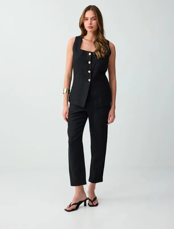 Bayan Siyah %100 Keten Parlak Düğme Detaylı Düz Kesim Yelek