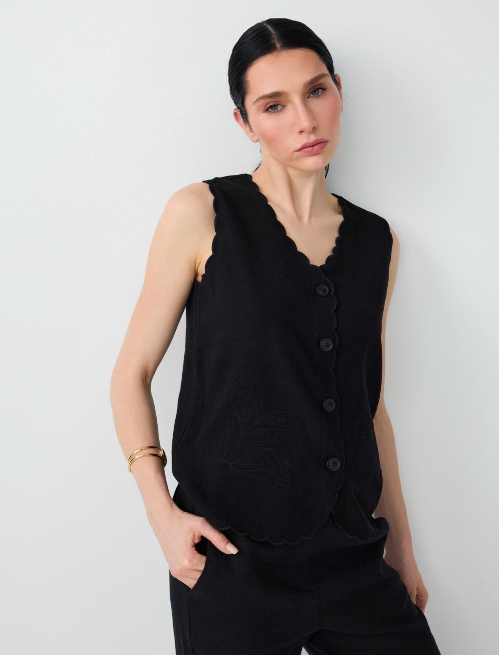 Keten Karışımlı Yaka Detaylı Yelek