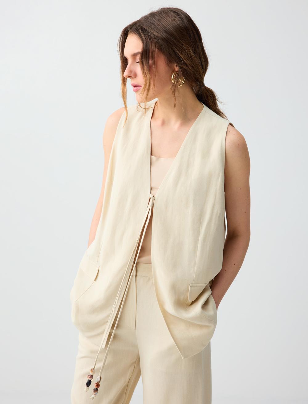 Keten Karışımlı Düz Kesim Dokuma Yelek