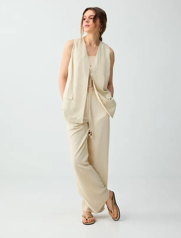 Bayan Bej Keten Karışımlı Düz Kesim Dokuma Yelek