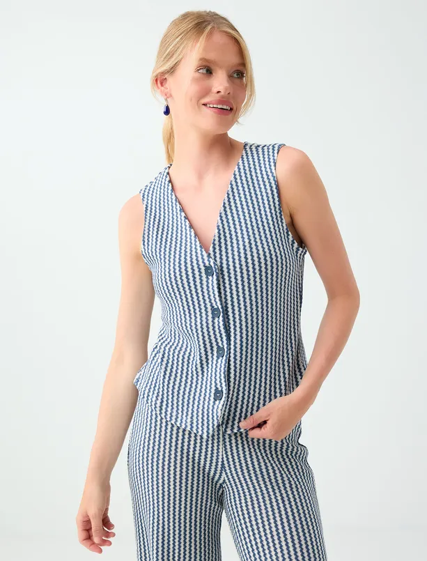 Women Dark Blue 100% Cotton Striped Vest with Button Details
