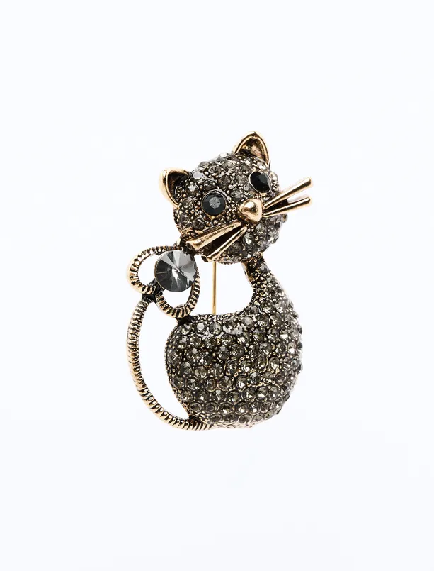 Bayan Siyah Taş Detaylı Kedi Figürlü Broş