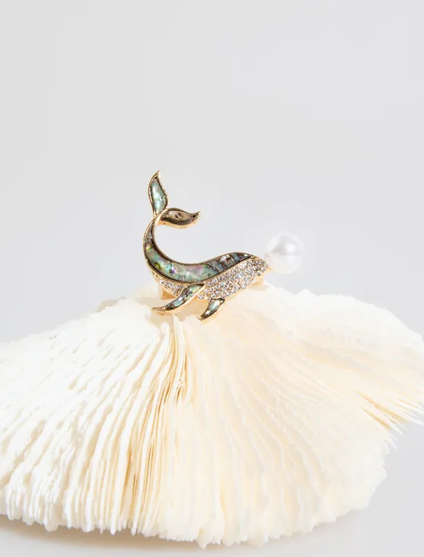 Bayan Yeşil Yunus Figürlü İncili Broş