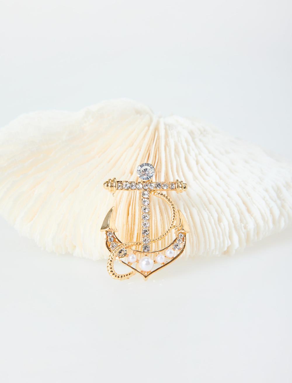 Çapa Figürlü Parlak Taşlı Broş