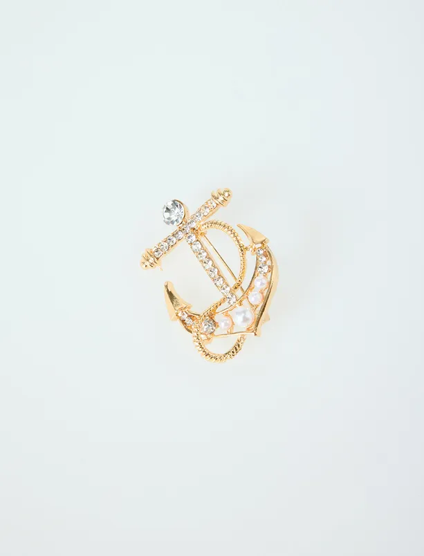 Bayan Gri Çapa Figürlü Parlak Taşlı Broş