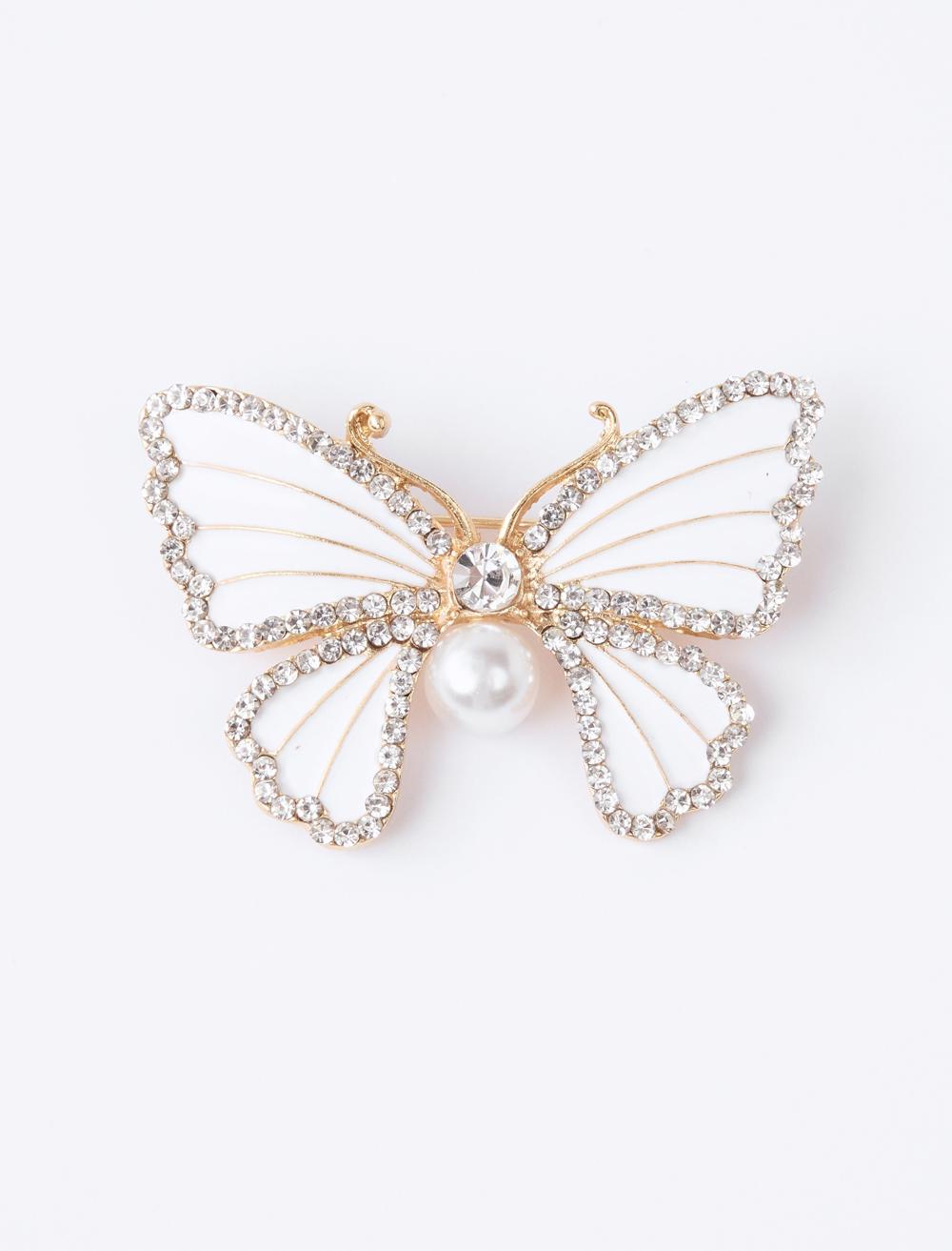 Kelebek Figürlü İnci Detaylı Taşlı Broş