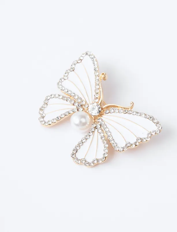 Bayan Beyaz Kelebek Figürlü İnci Detaylı Taşlı Broş