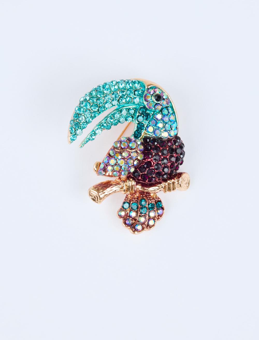 Papağan Figürlü Taşlı Broş