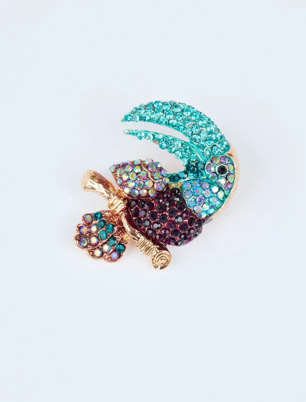 Bayan Karışık Papağan Figürlü Taşlı Broş