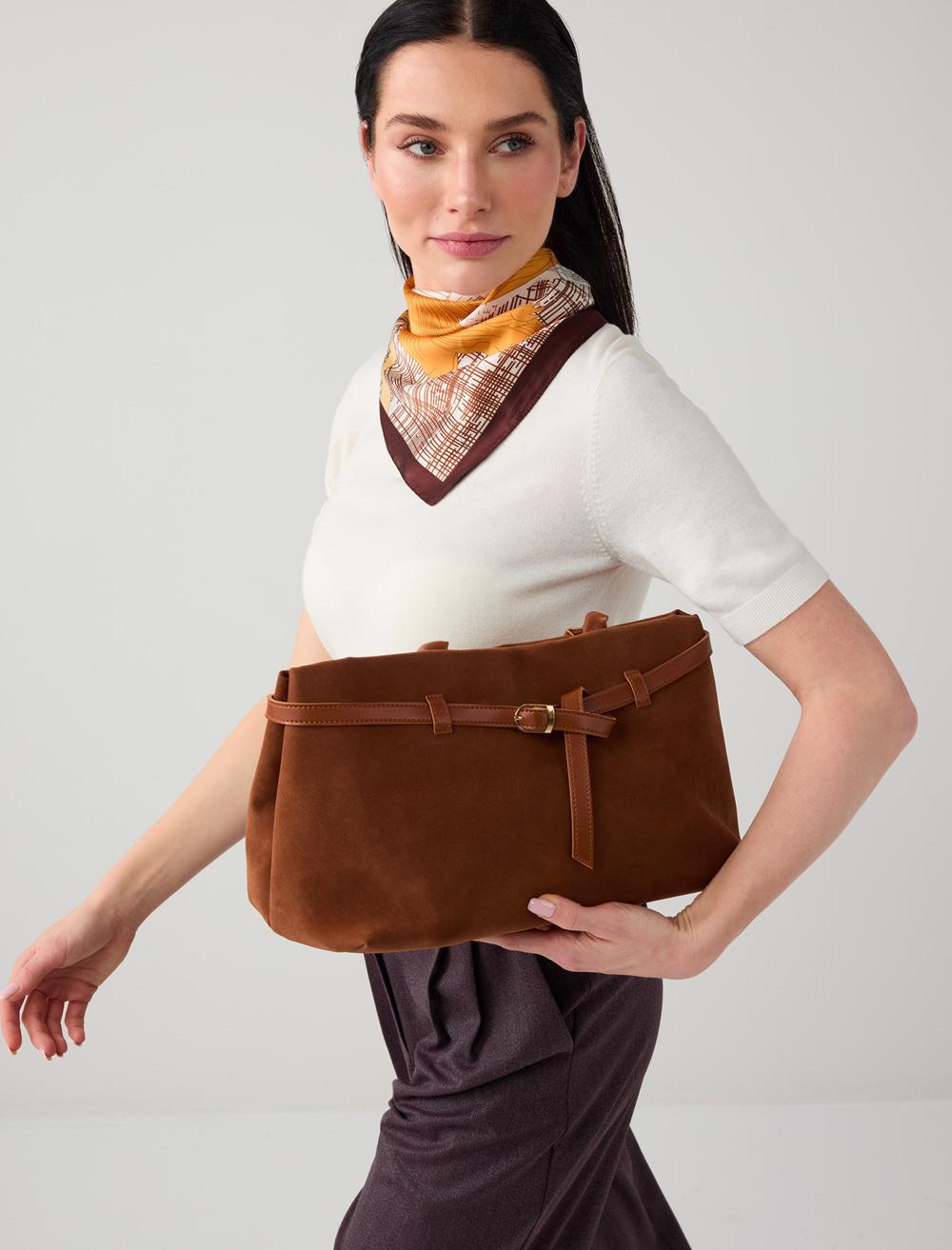 Deri Görünümlü Kemer Detaylı Süet El Çantası