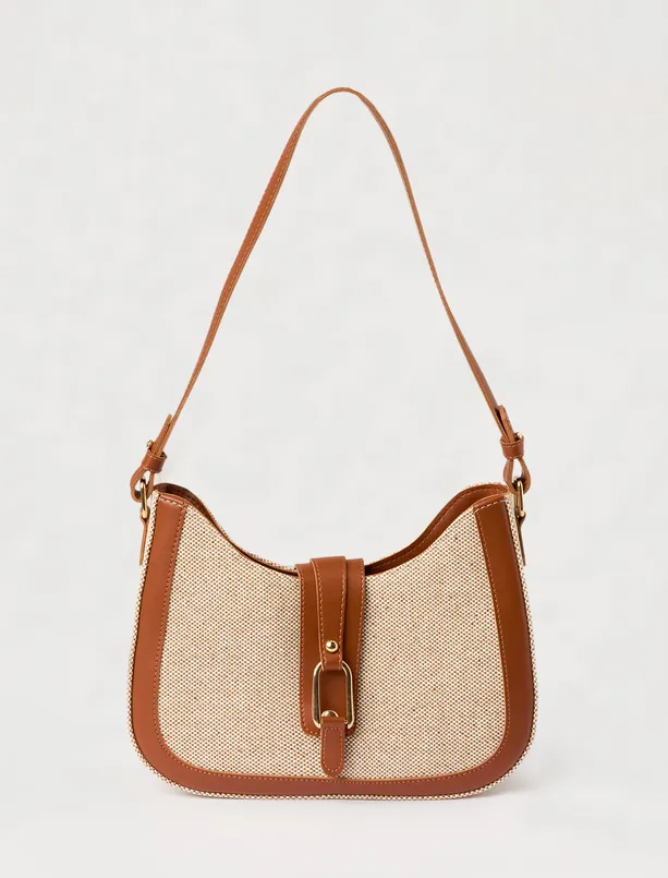 Women  Straw Look Shoulder Bag with Belt Detail