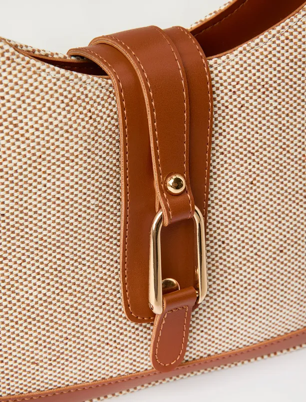 Women Brown Straw Look Shoulder Bag with Belt Detail