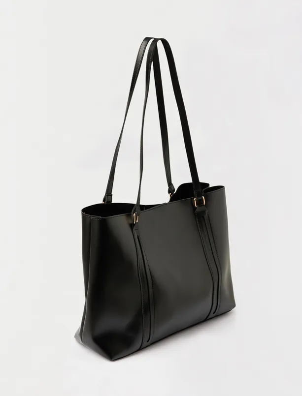 Women Black Leather Look Shoulder Bag with Metal Detail