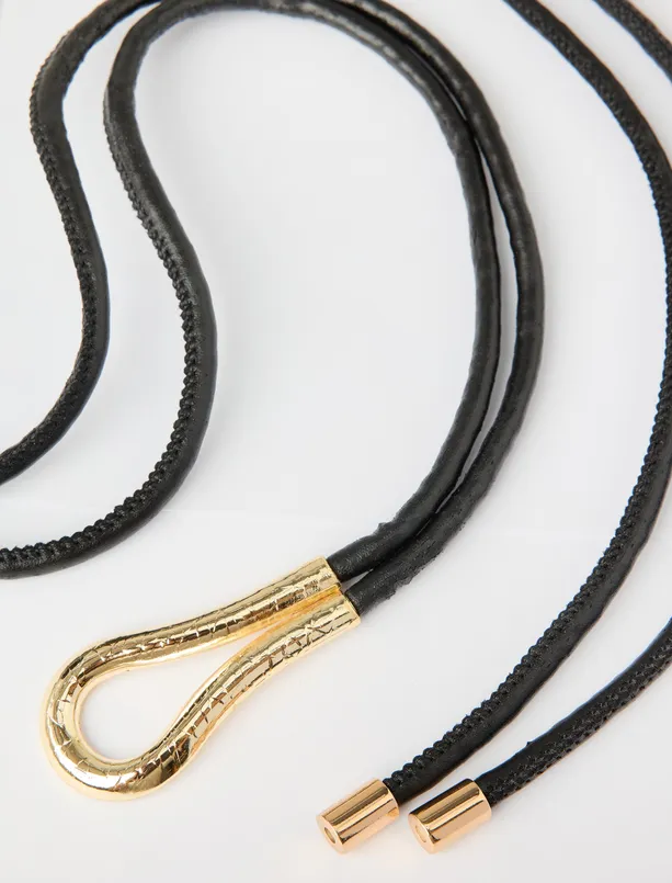 Bayan Siyah Deri Görünümlü İkili İp Kemer