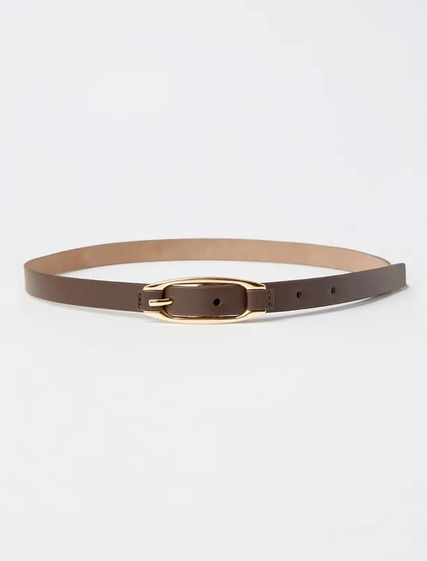 Women  Leather Look Slim Belt with Oval Buckle